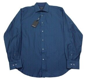 Bugatchi Shirt Mens Medium Green-Blue Polka Dot Classic Fit Cotton Dress Shirt